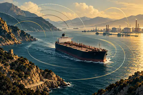 The Vortex of War: between the Iranian threat, energy chaos, and political incoherence 1 Tanker, coastal shipping lanes and energy infrastructure representing geopolitical risk.