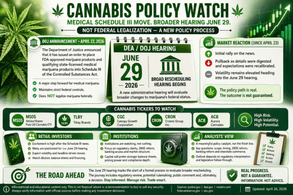 Cannabis Stocks Watch: $MSOS, $TLRY, $CGC, $CRON, $ACB and the June 29 Hearing 3 Mari