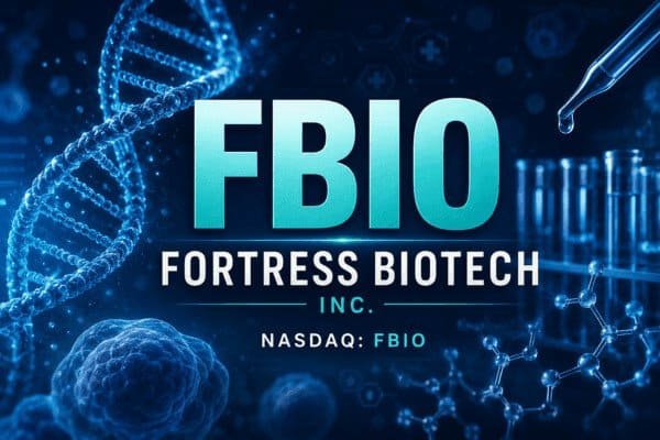 Logo di Fortress Biotech con DNA e molecole in sfondo, simbolo di innovazione biotech.