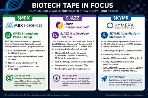 Biotech Tape in Focus: $MBX Strengthens Phase 3 Setup, $JAZZ Hits Oncology Trial Risk, $KYMR Adds Platform Momentum 2 Biotech Tape