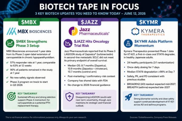Biotech Tape in Focus: $MBX Strengthens Phase 3 Setup, $JAZZ Hits Oncology Trial Risk, $KYMR Adds Platform Momentum 11 Biotech Tape