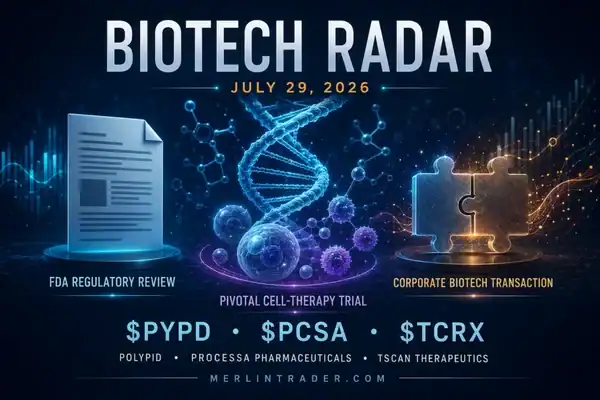 Biotech Radar July 29, 2026: PolyPid Gets Priority Review, Processa Resets Around VT-7208, TScan Starts Phase 3 — $PYPD $PCSA $TCRX 1 Biotech Radar July 29, 2026 featuring PolyPid, Processa Pharmaceuticals and TScan Therapeutics