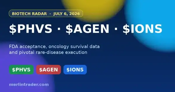 Biotech Radar — July 6, 2026: $PHVS, $AGEN, $IONS (FDA NDA Acceptance, MSS Colorectal Survival Data, Phase 3 Angelman Milestone) 25 Biotech Radar July 6 2026 cover — PHVS Agen Ions FDA oncology rare disease