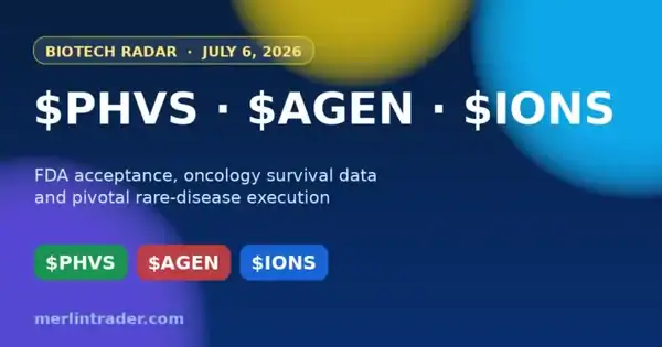 Biotech Radar — July 6, 2026: $PHVS, $AGEN, $IONS (FDA NDA Acceptance, MSS Colorectal Survival Data, Phase 3 Angelman Milestone) 12 Biotech Radar July 6 2026 cover — PHVS Agen Ions FDA oncology rare disease