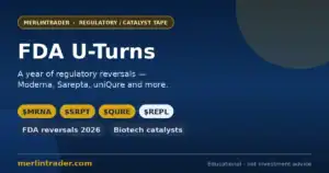FDA U-Turns 2026 cover - Moderna $MRNA, Sarepta $SRPT, uniQure $QURE and a year of regulatory reversals
