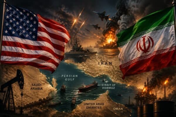 United States and Iran flags over a wartime scene in the Persian Gulf and Strait of Hormuz