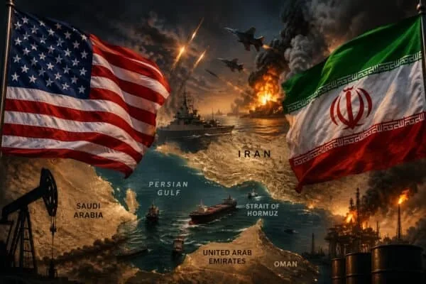 Oil Shock Returns: Trump, Iran and the Fed Put Wall Street’s Summer Rally Under Pressure $SPY 2 United States and Iran flags over a wartime scene in the Persian Gulf and Strait of Hormuz