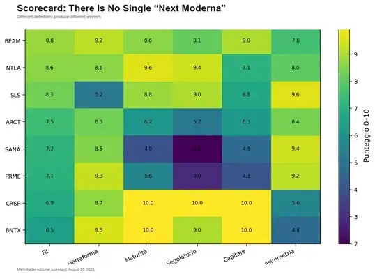 Who Will Be the Next Moderna? SLS, BEAM, NTLA and the Biotech Stocks That Could See the Next Major Re-Rating 2 Comparative scorecard of the biotech candidates for the next Moderna