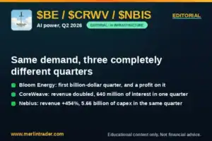 $BE, $CRWV, $NBIS And $OKLO: What The Second Quarter Revealed About The AI Power Boom 2 AI power Q2 2026 editorial cover, Bloom Energy CoreWeave and Nebius quarterly results