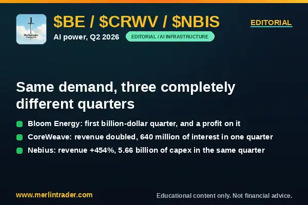 $BE, $CRWV, $NBIS And $OKLO: What The Second Quarter Revealed About The AI Power Boom 6 AI power Q2 2026 editorial cover, Bloom Energy CoreWeave and Nebius quarterly results