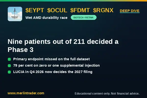 $EYPT, $OCUL, $FDMT, $RGNX: what LUGANO actually cost, and what it did not 1 EYPT LUGANO Phase 3 wet AMD: nine patients out of 211 decided the trial, and what it cost EyePoint, OCUL, FDMT and RGNX