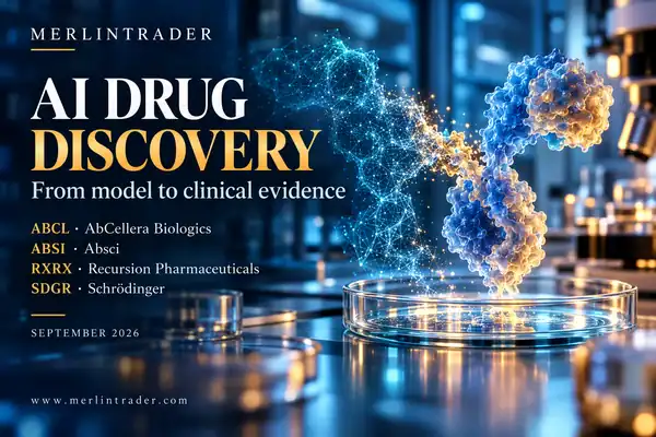 Conceptual biotechnology illustration connecting molecular discovery, laboratory experiments and clinical research for AbCellera, Absci, Recursion and Schrödinger.