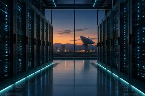 Editorial illustration of AI server infrastructure and satellite ground stations at dusk
