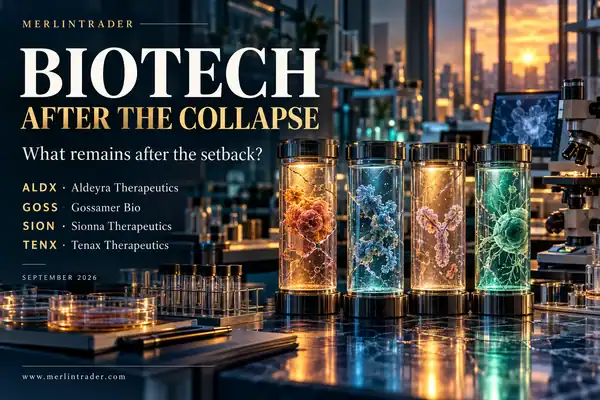 Conceptual biotech research and financial reconstruction illustration for Aldeyra Therapeutics ALDX, Gossamer Bio GOSS, Sionna Therapeutics SION and Tenax Therapeutics TENX.