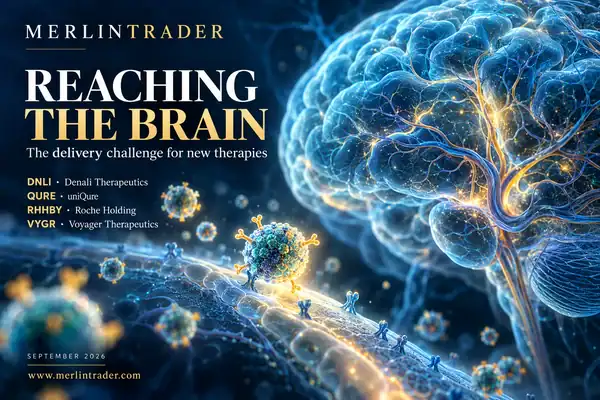 Conceptual illustration of brain drug delivery with Denali Therapeutics, uniQure, Roche and Voyager Therapeutics and their tickers.