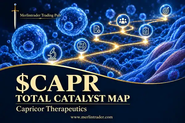 $CAPR Capricor Therapeutics Total Catalyst Map: a golden milestone pathway through a blue cellular landscape.