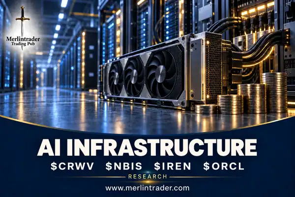 Conceptual AI data-center illustration comparing CoreWeave, Nebius, IREN and Oracle: $CRWV, $NBIS, $IREN and $ORCL.