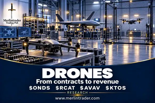 Conceptual drone assembly and testing facility with $ONDS, $RCAT, $AVAV and $KTOS, in Merlintrader navy and gold.