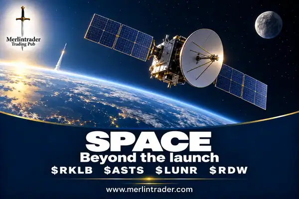 Conceptual satellite above Earth, with the Moon and a distant launcher, and $RKLB $ASTS $LUNR $RDW in Merlintrader navy and gold.