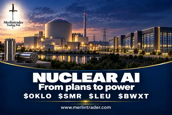 Conceptual nuclear facility connected to a data center with $OKLO $SMR $LEU $BWXT, in Merlintrader navy and gold.