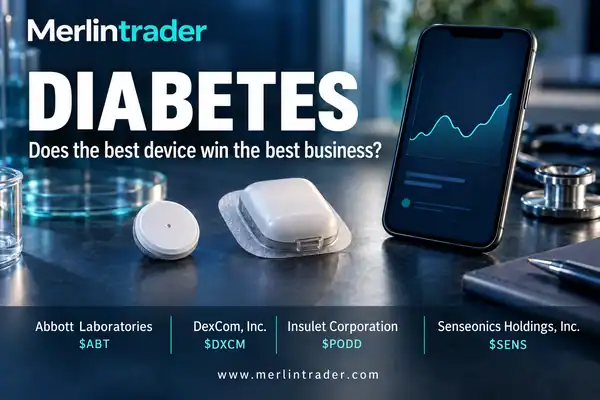 Conceptual diabetes technology cover showing generic glucose sensing and insulin delivery devices with Abbott Laboratories, DexCom, Insulet Corporation and Senseonics Holdings.