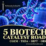 Merlintrader catalyst roadmap for CGEM, TRDA, SRPT, ORKA and PRAX, with clinical research imagery and a calendar.