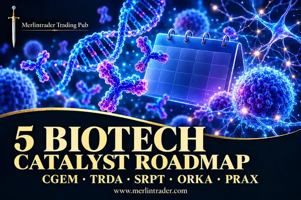 Merlintrader catalyst roadmap for CGEM, TRDA, SRPT, ORKA and PRAX, with clinical research imagery and a calendar.