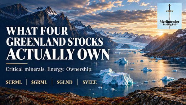 Greenland fjord and icebergs with Merlintrader Trading Pub logo and the four stocks $CRML, $GRML, $GLND and $VEEE.