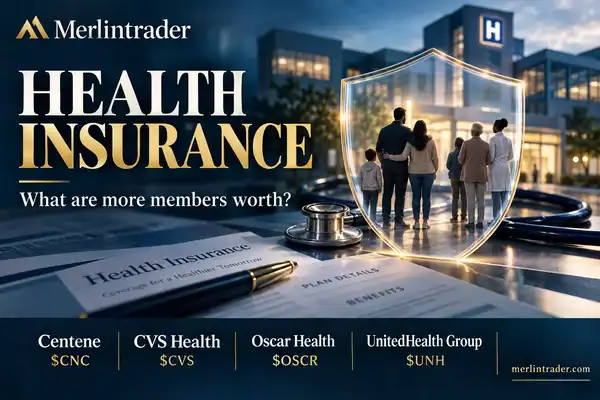 Conceptual protective shield around a family, hospital and stethoscope, with Centene, CVS Health, Oscar Health and UnitedHealth Group.