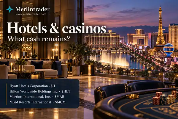Conceptual hotel lobby and Las Vegas resort skyline with Hyatt Hotels Corporation $H, Hilton Worldwide Holdings Inc. $HLT, Marriott International Inc. $MAR and MGM Resorts International $MGM.