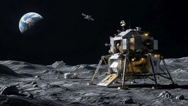 Concept lunar lander with Earth on the horizon