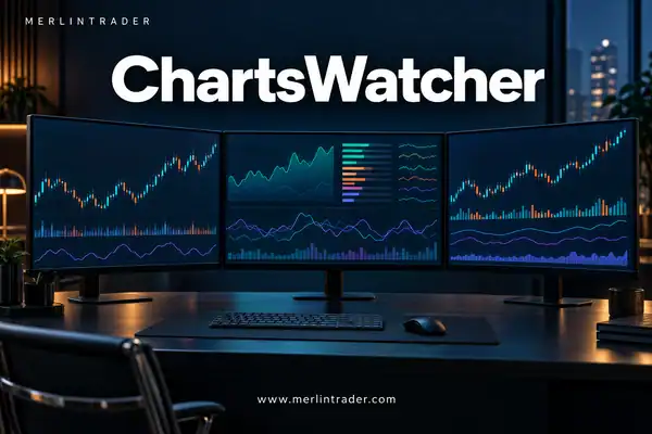 ChartsWatcher: Scanners, Alerts & External Links 1 ChartsWatcher editorial cover: a market research workstation with three monitors