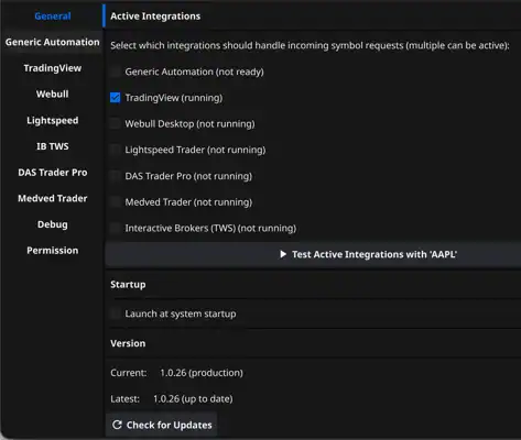 ChartsWatcher: Scanners, Alerts & External Links 5 ChartsWatcher Desktop Connector showing integration controls for TradingView, Webull, Lightspeed, DAS Trader Pro, Medved Trader and Interactive Brokers TWS