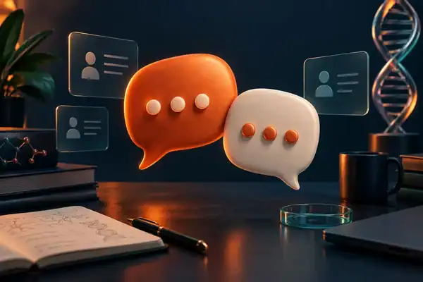 Merlintrader | Biotech Catalysts & U.S. Small-Mid Cap Research 1 Orange and ivory conversation bubbles above a biotech research desk