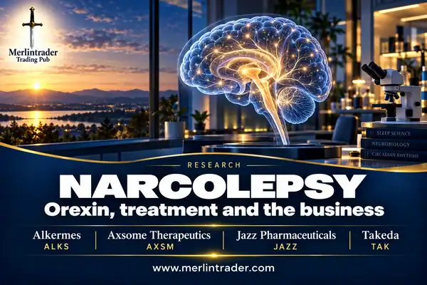 Conceptual sleep-science laboratory with a neural brain illustration: Alkermes, Axsome Therapeutics, Jazz Pharmaceuticals and Takeda.