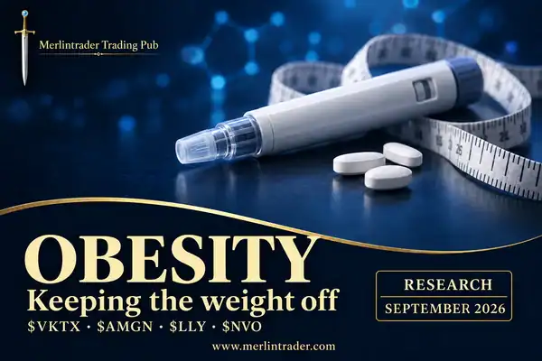 Obesity: keeping the weight off. Merlintrader research on $VKTX, $AMGN, $LLY and $NVO; conceptual illustration of an injection pen, tablets and measuring tape.