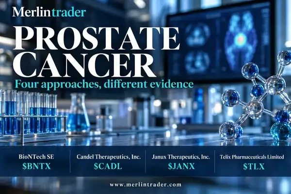 Prostate cancer: where can four approaches improve care? $BNTX, $CADL, $JANX, $TLX 1 Conceptual prostate cancer research illustration with BioNTech SE, Candel Therapeutics, Janux Therapeutics and Telix Pharmaceuticals and their tickers.