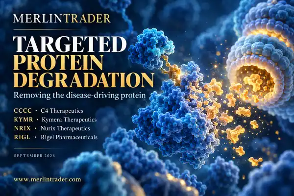 Conceptual targeted protein degradation research illustration for C4 Therapeutics, Kymera Therapeutics, Nurix Therapeutics and Rigel Pharmaceuticals.
