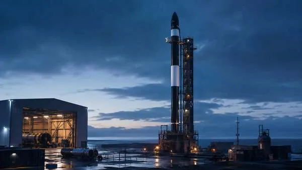Concept rocket on a launch pad at dusk