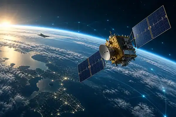Editorial illustration of a satellite above Earth connecting space, defense and AI
