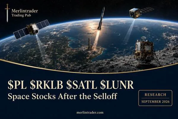 Satellite, rocket and lunar lander illustration for the PL, RKLB, SATL and LUNR comparison