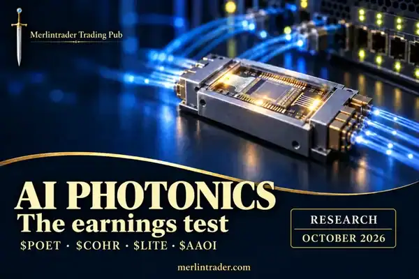 AI photonics illustration for POET, Coherent, Lumentum and Applied Optoelectronics; October 2026 earnings comparison.