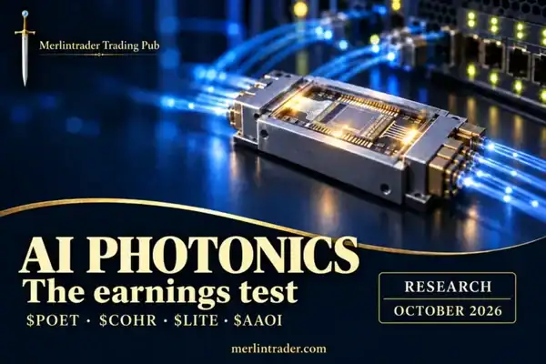 AI photonics illustration for POET, Coherent, Lumentum and Applied Optoelectronics; October 2026 earnings comparison.