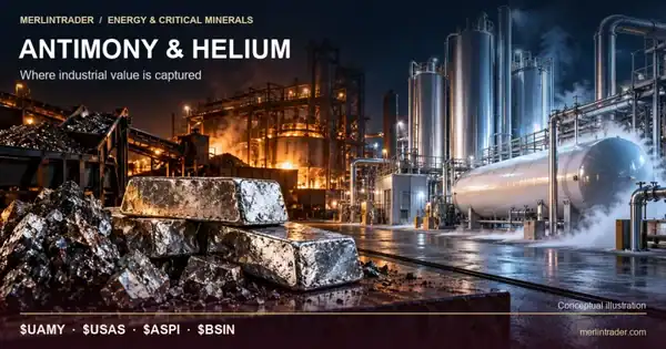 Conceptual editorial illustration of antimony ore and metal ingots beside helium cryogenic processing equipment.