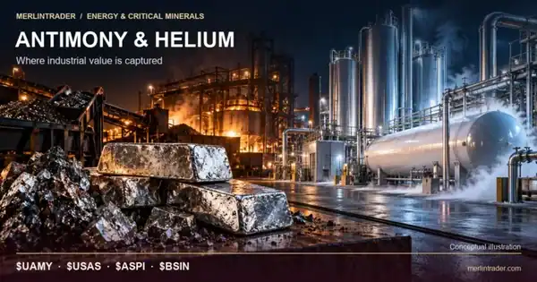 Conceptual editorial illustration of antimony ore and metal ingots beside helium cryogenic processing equipment.