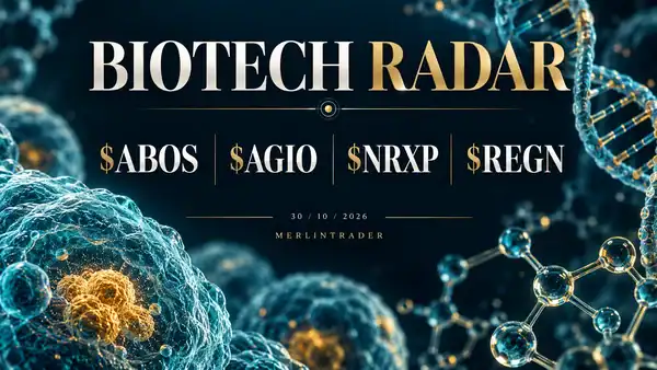 Biotech Radar — October 30, 2026: $ABOS, $AGIO, $NRXP, $REGN 1 Biotech Radar October 30, 2026: ABOS, AGIO, NRXP and REGN. AI-generated editorial illustration.