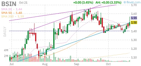 Beyond rare earths: where $UAMY, $USAS, $ASPI and $BSIN capture value 4 BSIN daily price chart captured October 21, 2026