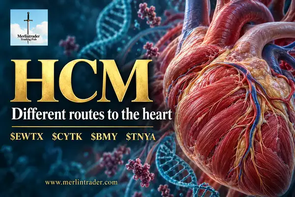 Conceptual heart and cardiac muscle illustration with EWTX, CYTK, BMY and TNYA and the Merlintrader logo.