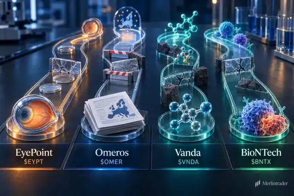 Conceptual illustration of four different biotech setbacks: EyePoint EYPT, Omeros OMER, Vanda VNDA and BioNTech BNTX