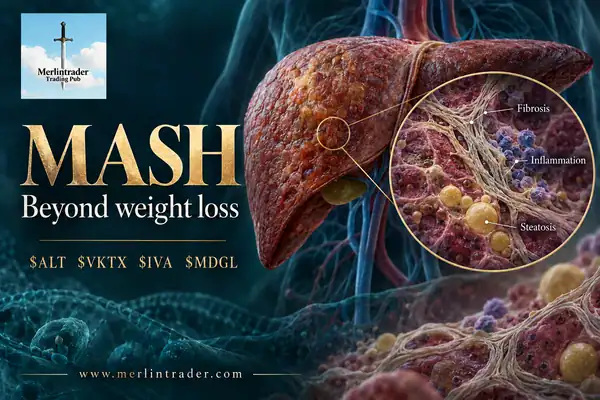 Illustration of the liver and metabolic research, with the original Merlintrader logo and ALT, VKTX, IVA and MDGL tickers.